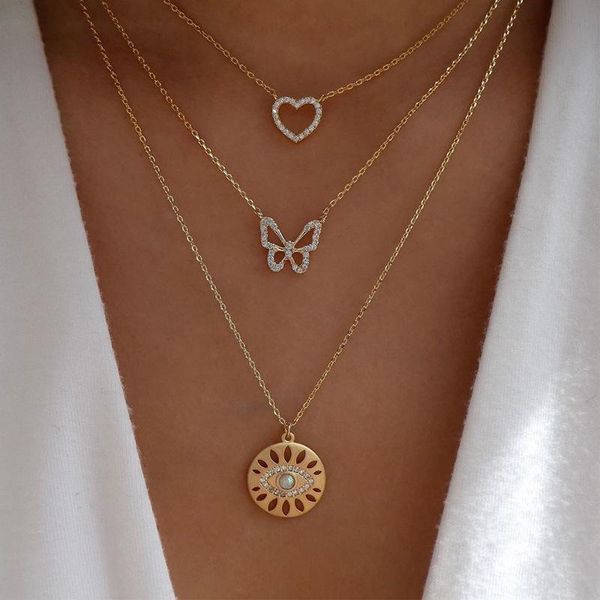 

unique shiny rhinestones heart buttterfly evil eye pendant necklace for women femme gold color alloy 3 layered choker necklaces chains, Silver