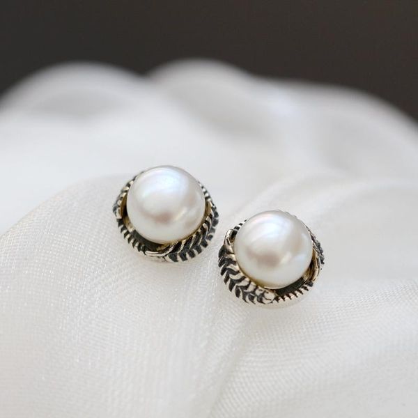 

stud authentic 925 sterling silver earstuds inlaid natural freshwater pearl earring lady retro feather ethnic style jewelry gift, Golden;silver