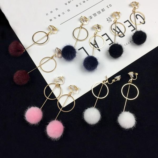 

clip-on & screw back colorful mink hair ball earring round circle long tassel ear cuff non pierced clip earrings pom bohemia jewelry, Silver