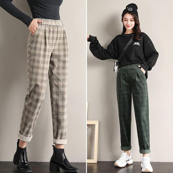 

women's pants & capris high waist trousers corduroy women autumn loose casual harem harajuku cargo plaid, Black;white