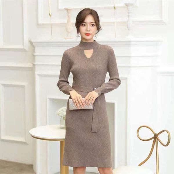 

autumn winter office lady half turtleneck knitted dress women casual solid high waist sashes knee-length 210520, Black;gray
