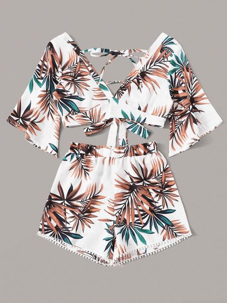 

tropical plunging crop & pompom shorts m8al#, White