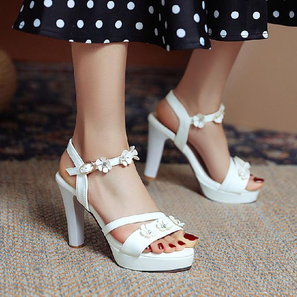 

summer women white wedding shoes buckle platform high heels woman fashion solid color party pink sandals, Black
