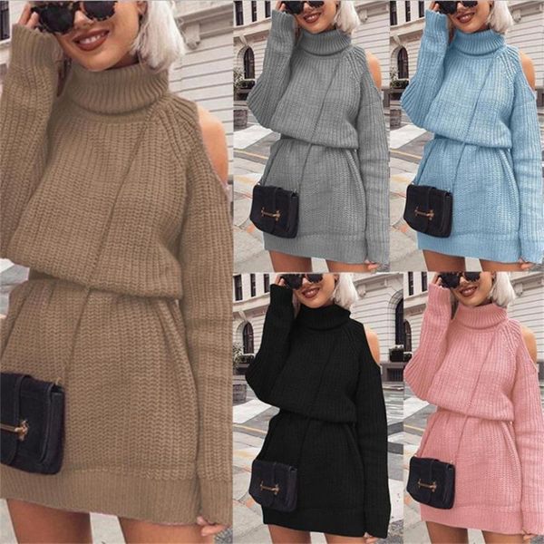 

women's sweaters autumn winter turtleneck off shoulder knitted sweater dress women solid slim plus size long pullovers knitting jumper, White;black