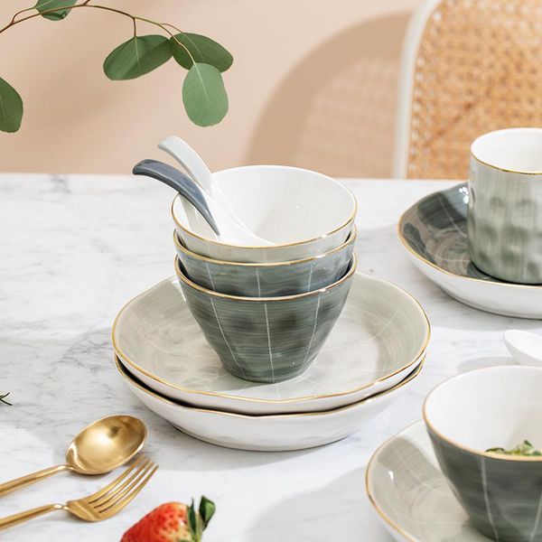 

dishes & plates gold rim porcelain dinner plate set 1-person table 4 piece dinnerware including bowl mug chopstick