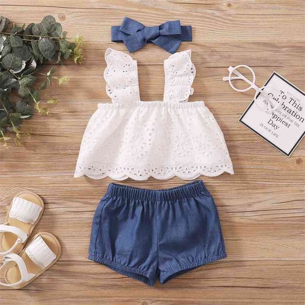 

summer 3pcs baby girl sleeveless cotton sweet baby's sets 210528, White