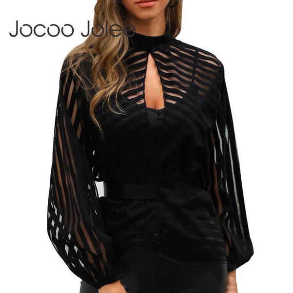 Jocoo Jolee Fashion Striped Selected Рубашка с длинным рукавом сетки Прозрачная блузка Дамы Черный Передние Полые Сексуальные Топы Женская Туника 210619