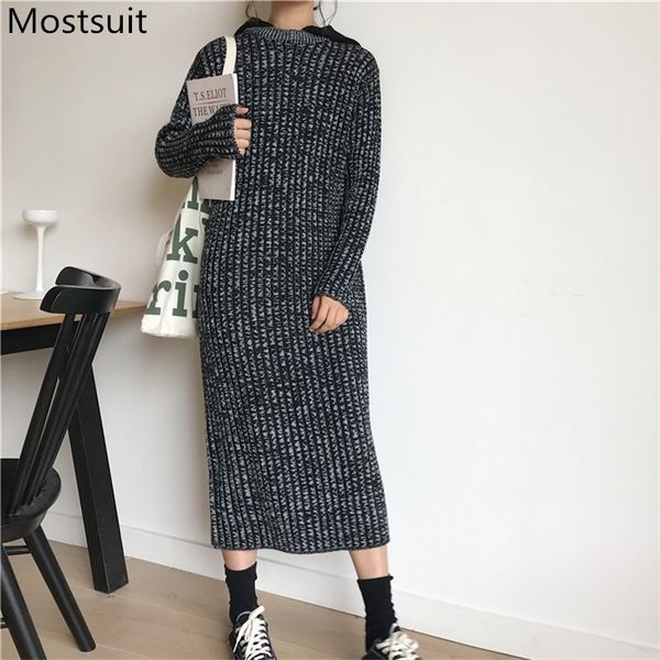 

korean knitted hooded women sweater long dress autumn winter thicken warm straight dresses casual fashion solid vestidos 210518, Black;gray