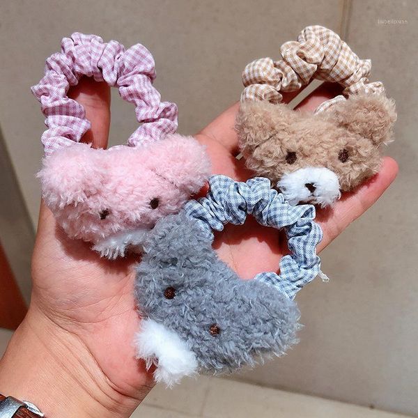 

hair accessories korean cartoon teddy puppy circle children girl elastic rubber band lattice intestinal super cute plush1, Slivery;white