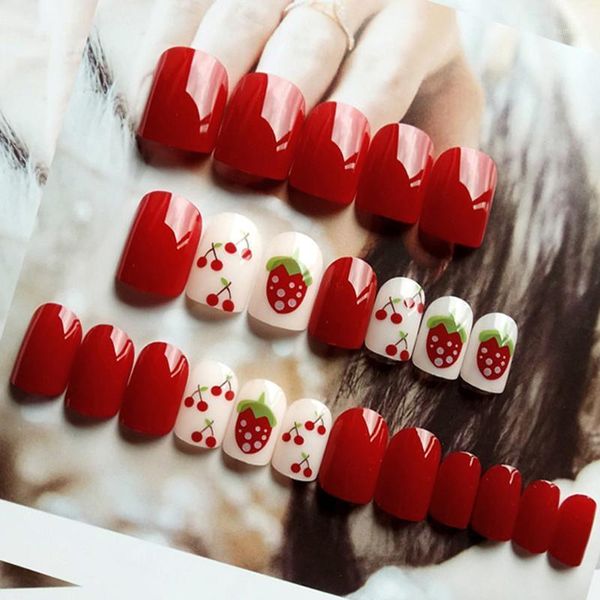 

women beauty natural blue sky fake nails white cloud pattern full cover false nail tips with glue manicure tool 24 pcs/set1, Red;gold