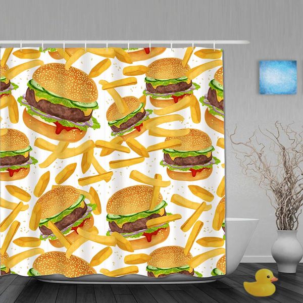 

bath shower curtain set with 12 hooks hamburger fries bedding 3d giant burger 3 pieces fun fast food creative bedspreads