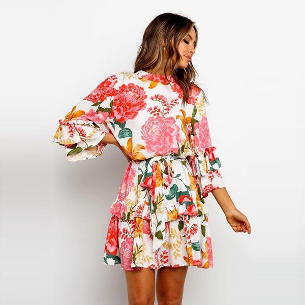 

casual dresses floral print flare sleeve dress women loose sash ruffles mini spring summer long o-neck ladies elegant, Black;gray