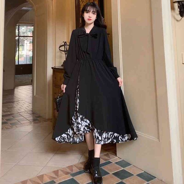 

2021 spring and autumn new design dress long sleeve stitched sweater skirt shows thin temperament fake two-piece blouse female, Black