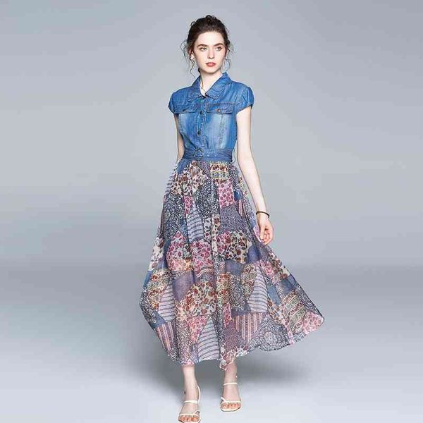 Mode Frauen Sommer Elegante Denim Kleid Hohe Qualität Vintage Chiffon Druck Designer Runway Kleider Vestidos 210520