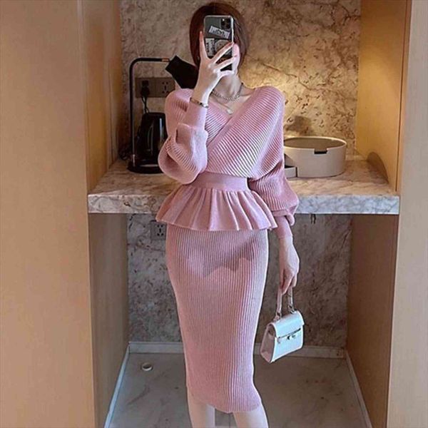 

fashion v neck long sleeve women tracksuits pencil dress autumn winter ruffles bodycon elegant office woman dresses robe femme, Gray