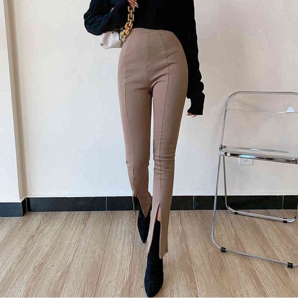 

women solid spring elegant slim pencil pants office lady split korean chic high waist trousers female streetwear 210517, Black;white