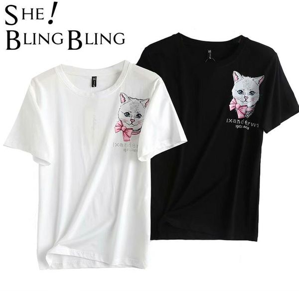 

women's t-shirt sheblingbling cartoon cat print women tees summer fashion short sleeve rhinestone detail casual t-shirts regular fit fe, White
