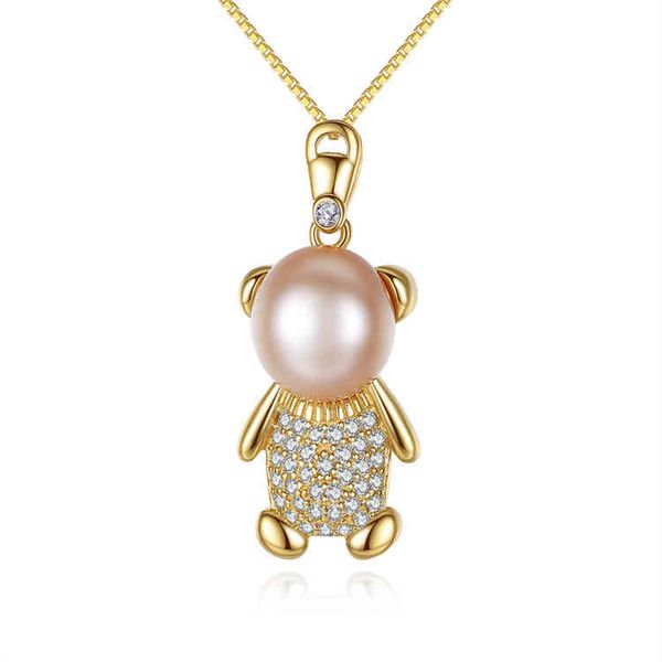 

trendy charm cute bear shape pearl cubic zircon pendant 925 sterling sier box chain necklace for women, Silver