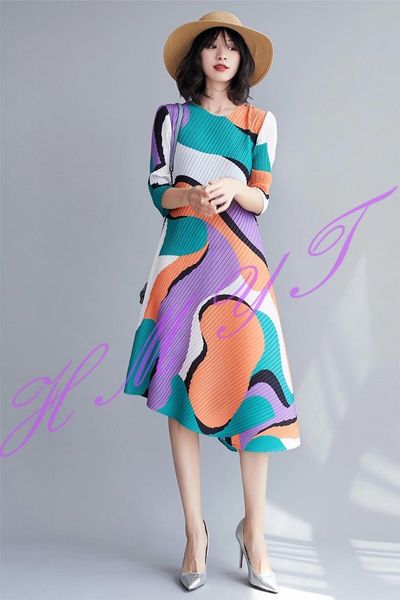 

dress miyake fold fashion o-neck geometry print the half sleeve irregular, Black;gray