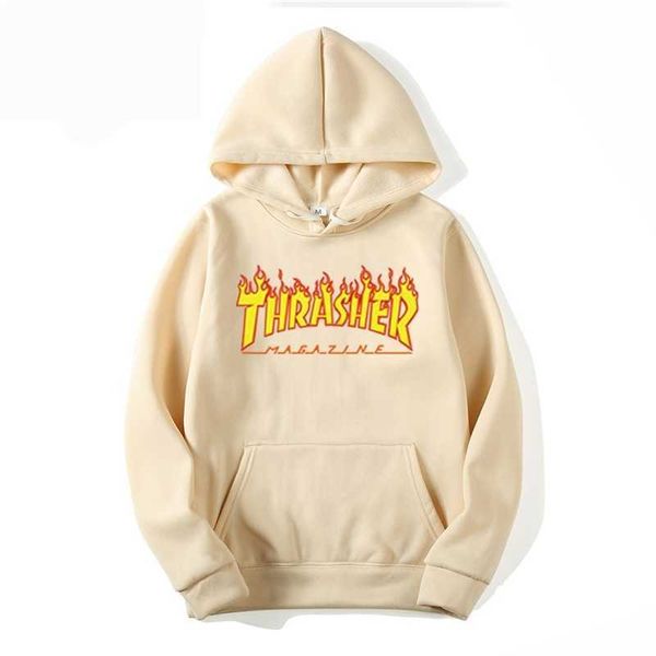 

thrasher printed plush couple hooded slim men's solid color sweater, Black