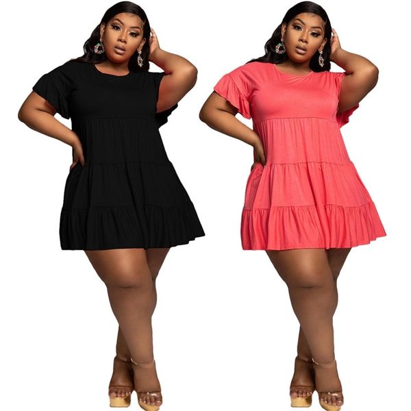 

women dresses summer plus size 5xl solid pleated mini for loose elegant casual outfits wholesale drop 211023, Black