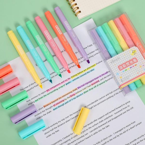 

highlighters 6 pcs/set high capacity highlighter kawaii light color soft tip marker school fluorescent pen material stationery supplies 2022, Black;red
