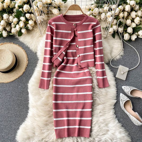 Singreiny Mulheres Outono Inverno Stripe Jogo Conjunto de Manga Longa Botão Cardigan + Sexy Sem Mangas Slim Strap Vestido Dois Peças Set 210419