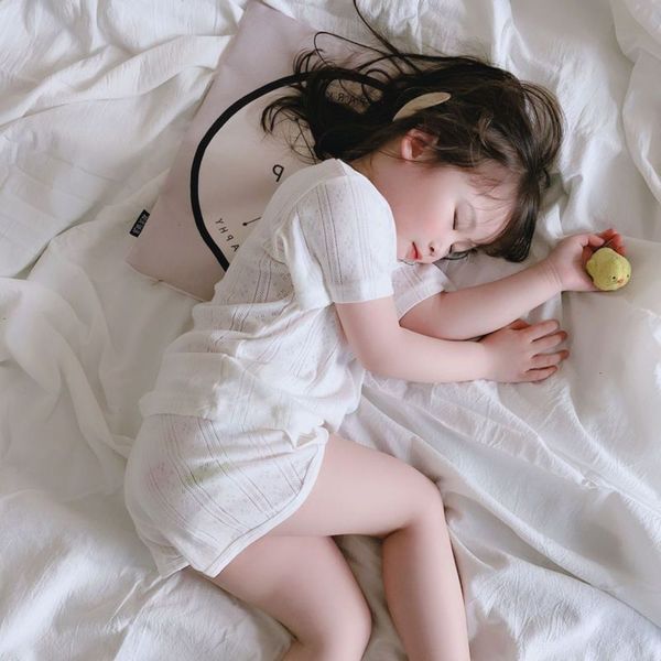 

boys and girls summer children's suit baby short sleeve pajamas two piece home wear, White