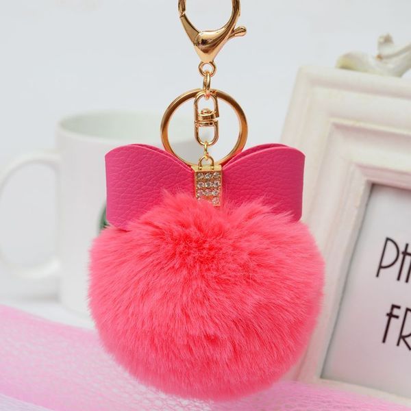 

2021 fashion keychain korean creative rex rabbit with diamond pu bow fur pendant hair ball fashion car key ring, Slivery;golden