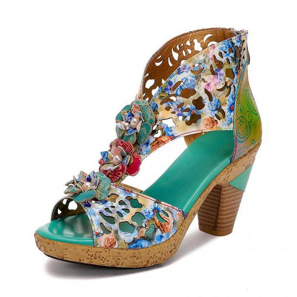 

sandals yourseason ladies genuine leather high heels zip handmade concise women summer hollow flower shoes mixed colors, Black