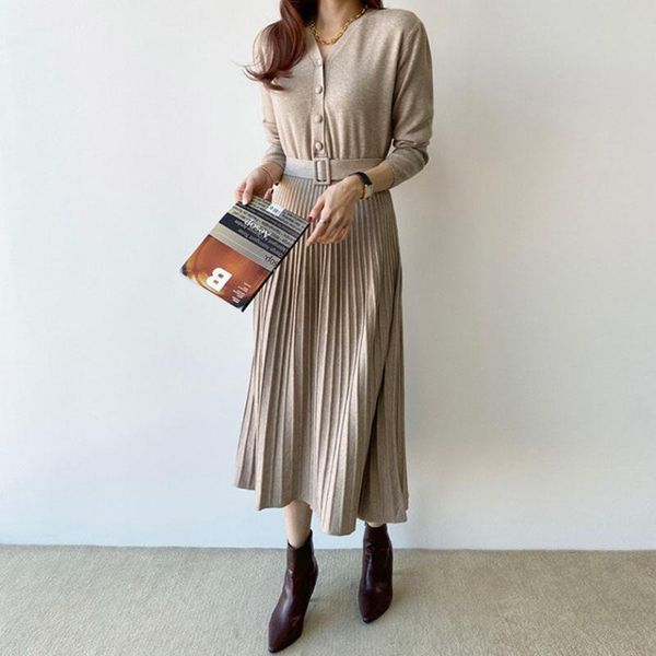 

casual dresses autumn 2021 japanese style korean fashion dress high waist v-neck gather solid color long sleeve waistband women's, Black;gray