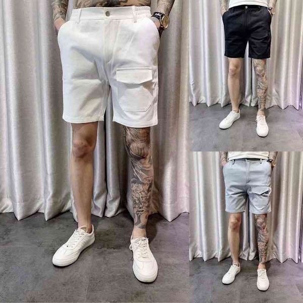 

solid color work shorts casual capris loose summer overalls men's fashion simple mid pants micro trumpet, White;black