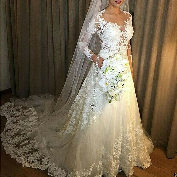 

illusion lace appliques wedding dresses a line long sleeves chapel train gown, White