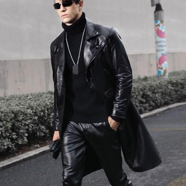 

leather street genuine windbreakers men slim fit cowhide moto biker coat lapel long jacket winter windproof outerwear plus size men's &, Black