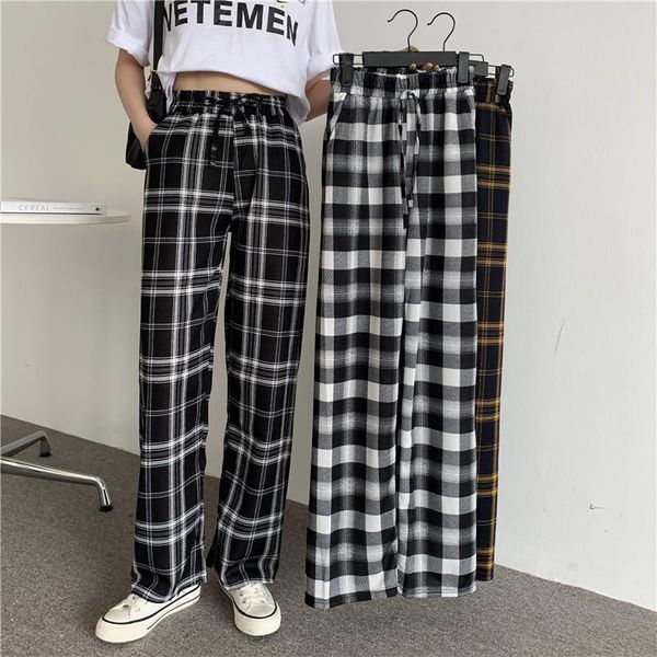 

women's pants & capris high waist retro plaid female summer style korean drawstring loose straight leg casual draped wide-leg, Black;white
