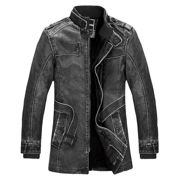 

men's leather & faux standing collar jacket for men slim warm mens washed motorcycle biker jackets, Black