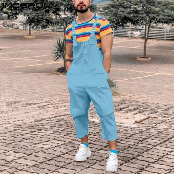 

men's pants incerun fashion men jumpsuit solid color pockets loose joggers casual bib suspenders rompers streetwear overalls 2021, Black
