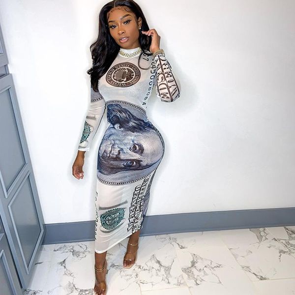 

casual dresses mesh us dollar printed long-sleeved dress women's round neck tight women, Black;gray
