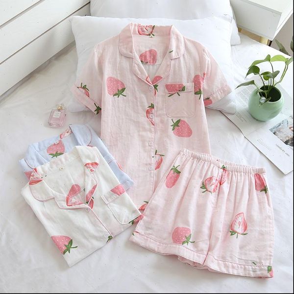 

strawberry cotton double gauze short womens sleepwears sleeved shorts pajamas suit cute and comfortable home service women pink, Black;red