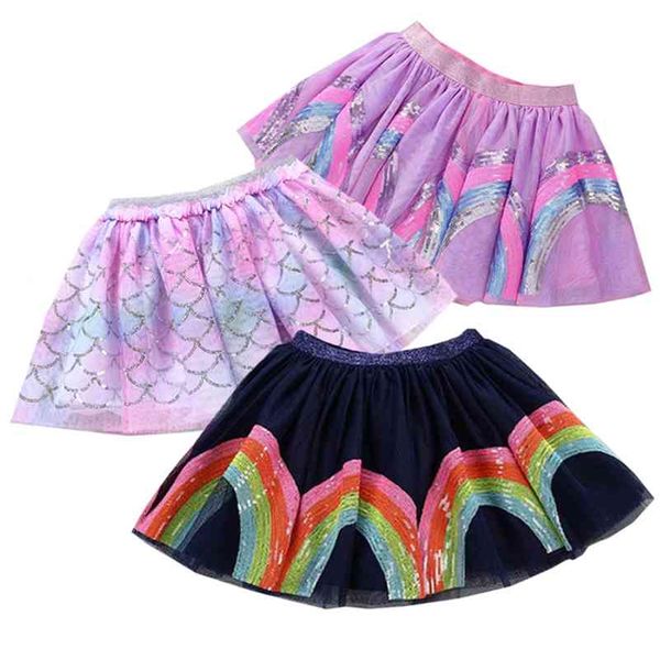 1-7Yrs Sommer Prinzessin Mesh Schöne Flauschige Weiche Tüll Baby Tutu Rock Pailletten Regenbogen Stile Mädchen Für Kinder Röcke 210417