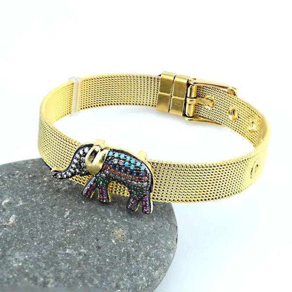 

luxury rainbow cubic zirconia animal elephant men's and women's stainless steel bracelet band jewelry gifts, Golden;silver