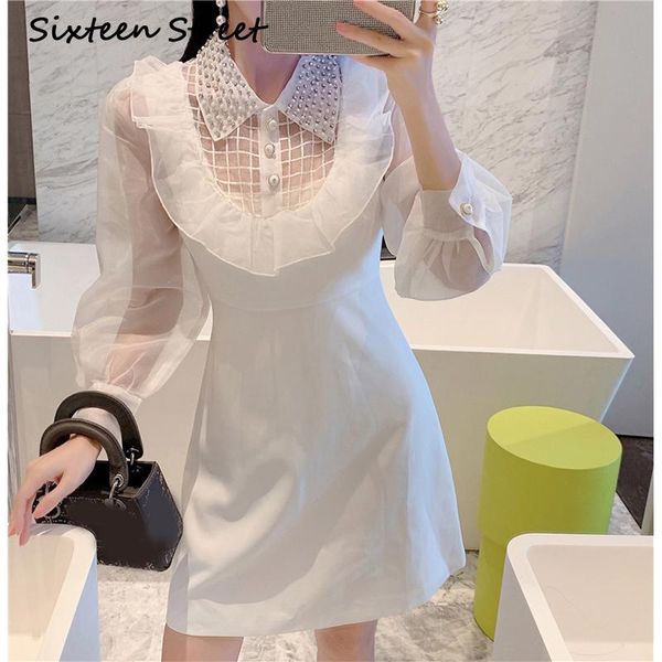 

autumn diamond button white dress woman elegant long puff sleeve ruffles short vestidos street wear female 2021 casual dresses, Black;gray