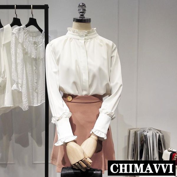 

women's blouses & shirts stand collar long sleeve shirt 2021 spring chiffon white elegant office lady top