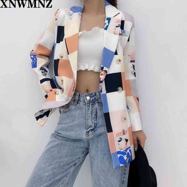 

za fall women's long - sleeved lapel coat slim and interesting geometric pattern square printed mosaic suit female 210510, White;black