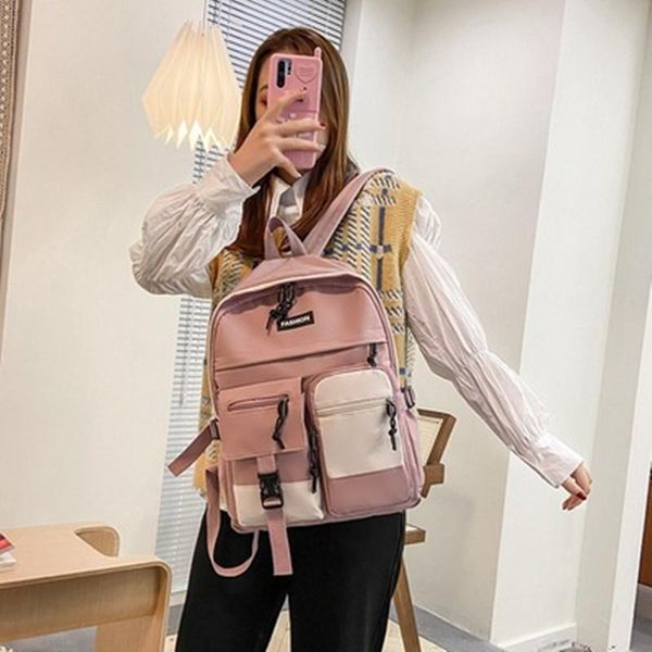 

backpack large capacity nylon women multi-pocket ring buckle student schoolbag color block harajuku travel rucksack couple bag