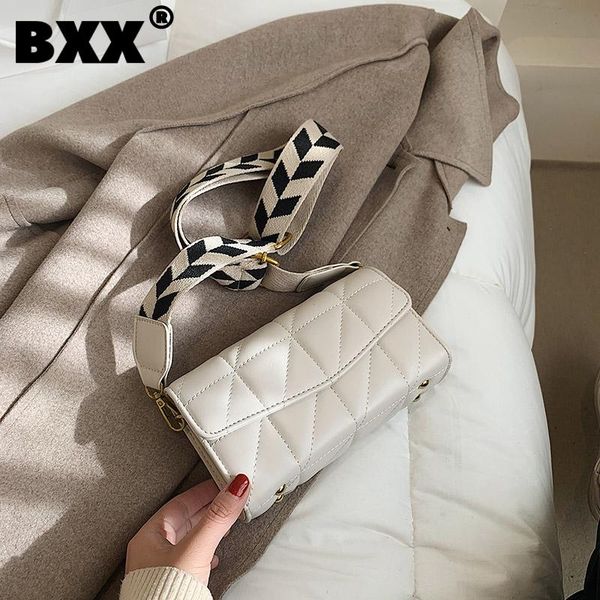 

[bxx] vintage pu leather argyle bags women 2021 fashion wide strap shoulder hand bag lady trend handbags purses cb661
