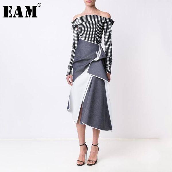 

[eam] high waist contrast color spliced pleated asymmetric half-body skirt blue women fashion tide spring autumn 2021 1a244 skirts, Black