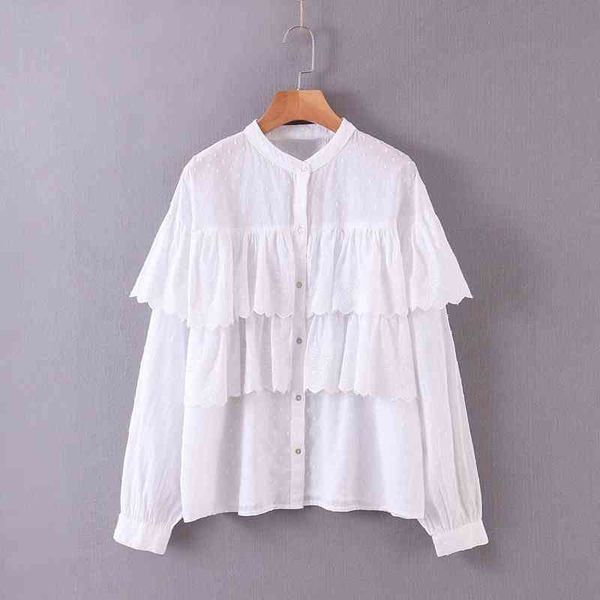 

casual spring cascading ruffles blouse women o neck street wear preppy style ladies embroidery shirts xb309 210525, White