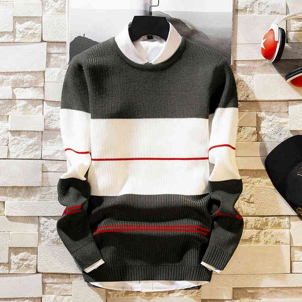 

sweater knit men's autumn and winter stripe pullover round neck bottom, White;black