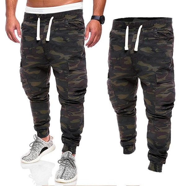 

men's pants the 2021 eurosize fashion camouflage cargo cotton with leg tie, Black